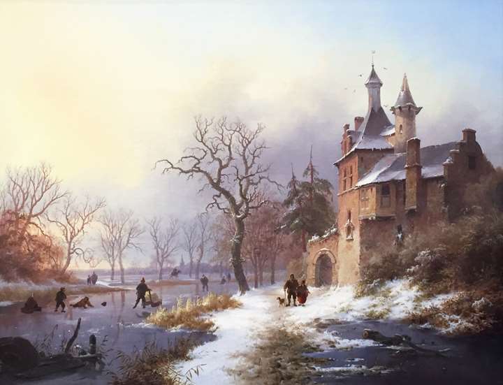 Frozen river scene, figures by a house